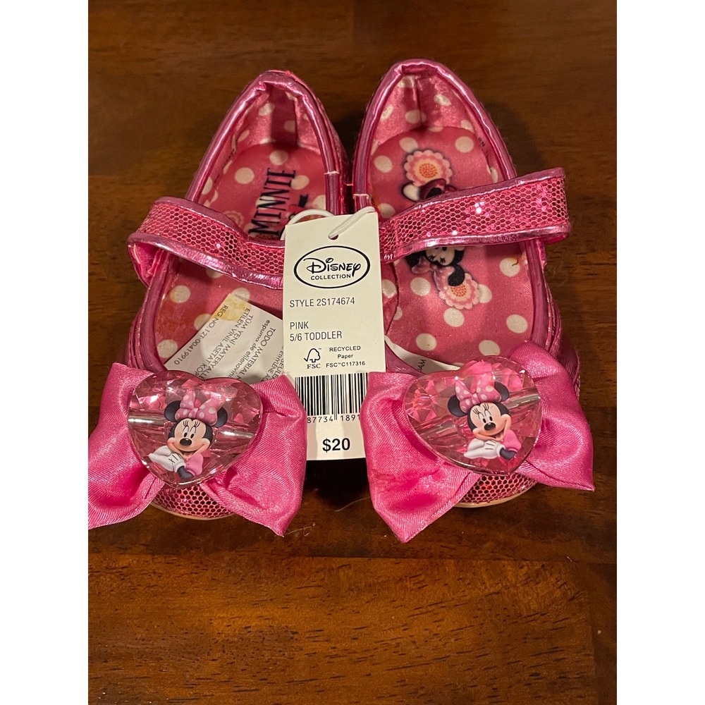 Disney Minnie Mouse Toddler Pink Glitter Mary Jane Shoes Heart Bow 5/6 2S174674